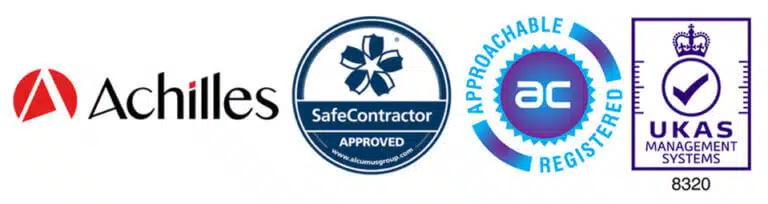 Collage of business logos: Achilles, SafeContractor Approved, Approachable Registered (AC circle badge), and UKAS Management Systems 8320 accreditation badge.